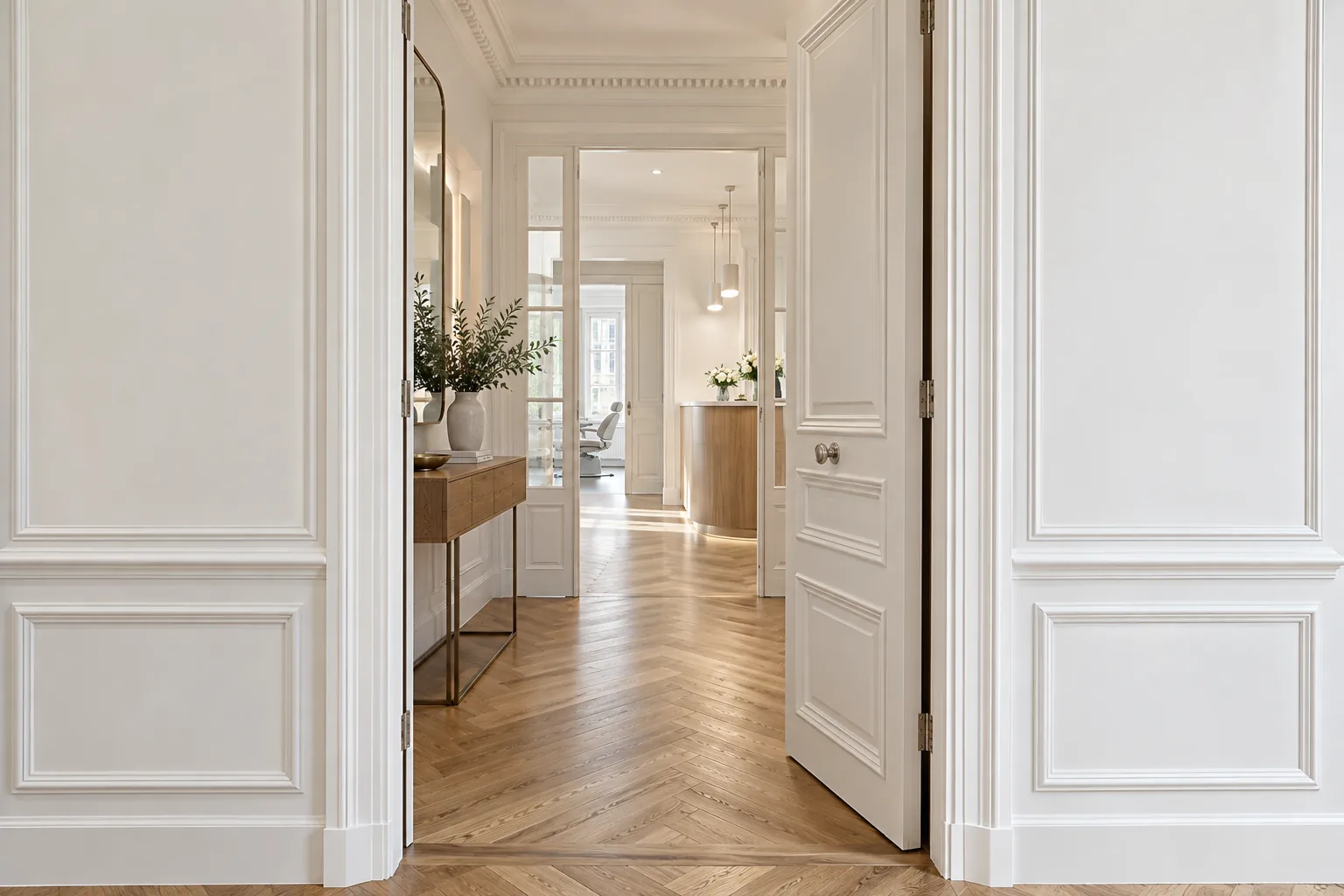 Entrée du cabinet : porte ouverte sur un couloir parqueté et une console en bois