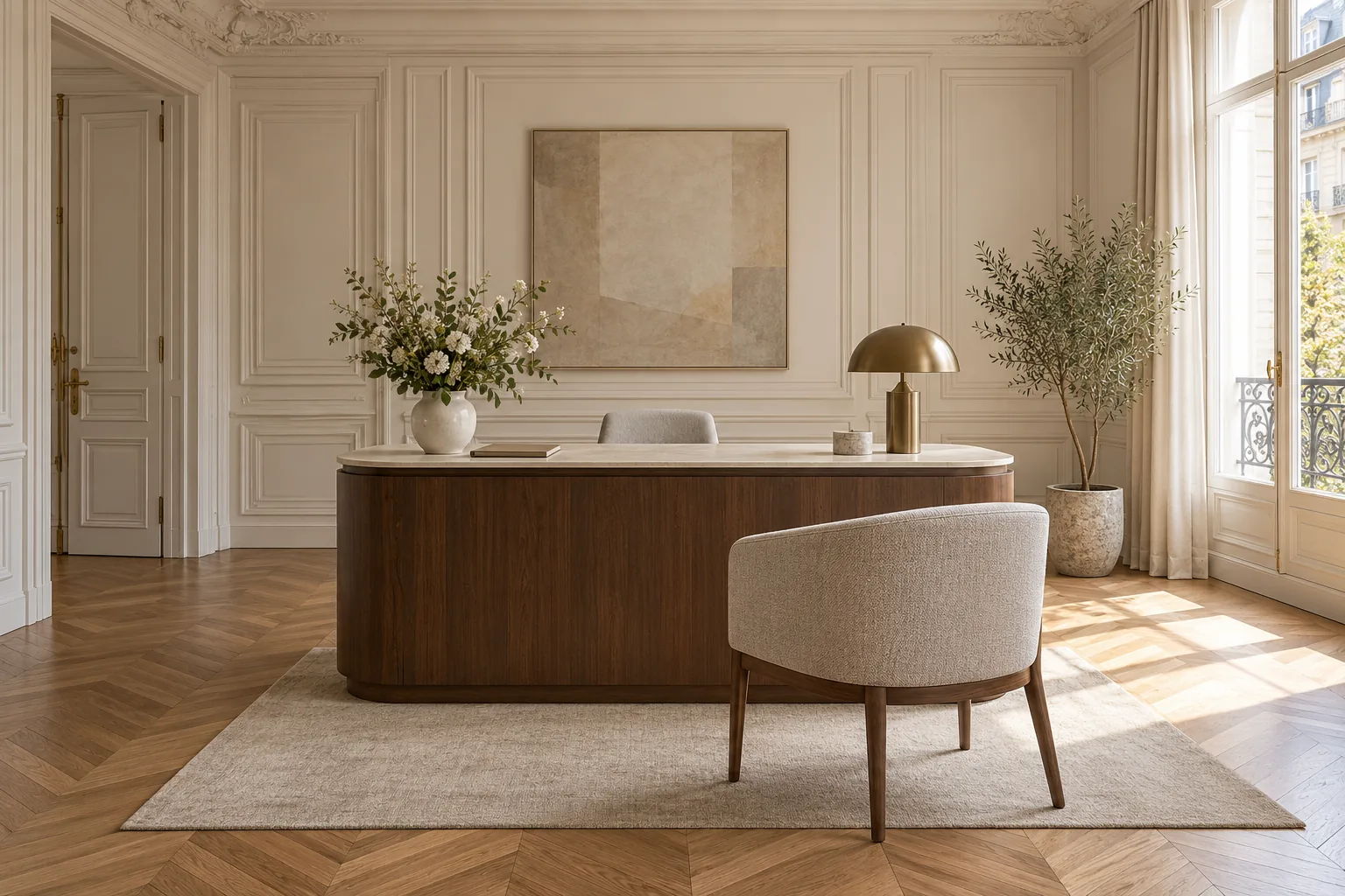 Bureau d'accueil en bois sombre, fauteuil en tissu clair et parquet en chevrons