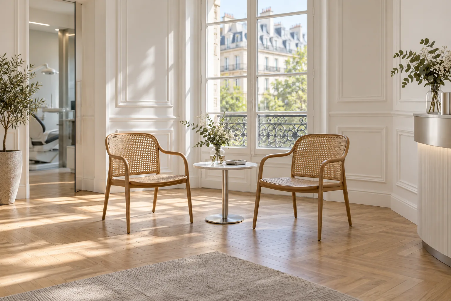 Deux chaises cannées et une table ronde près d'une fenêtre, dans la salle d'attente