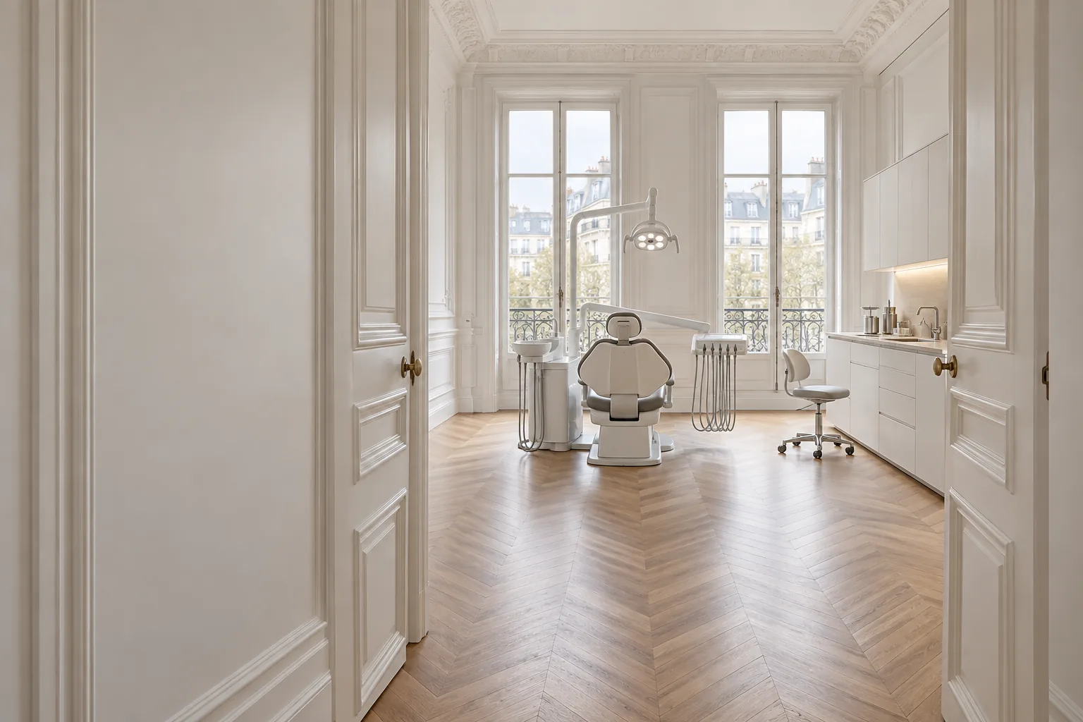 Salle de soins vue depuis une porte moulurée, fauteuil dentaire au fond devant les fenêtres