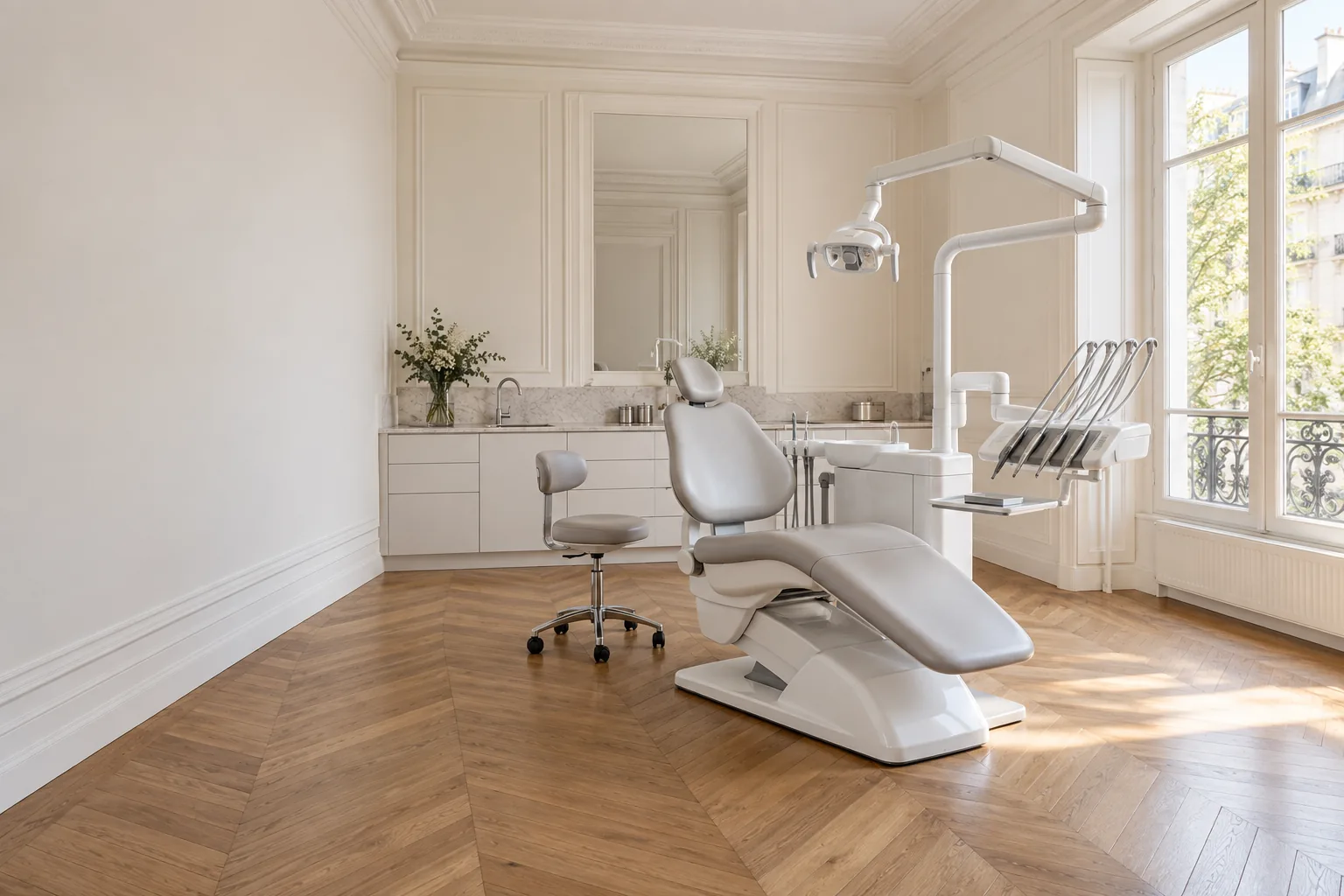 Salle de soins dentaires dans un appartement ancien rénové, parquet en chevrons et hautes fenêtres
