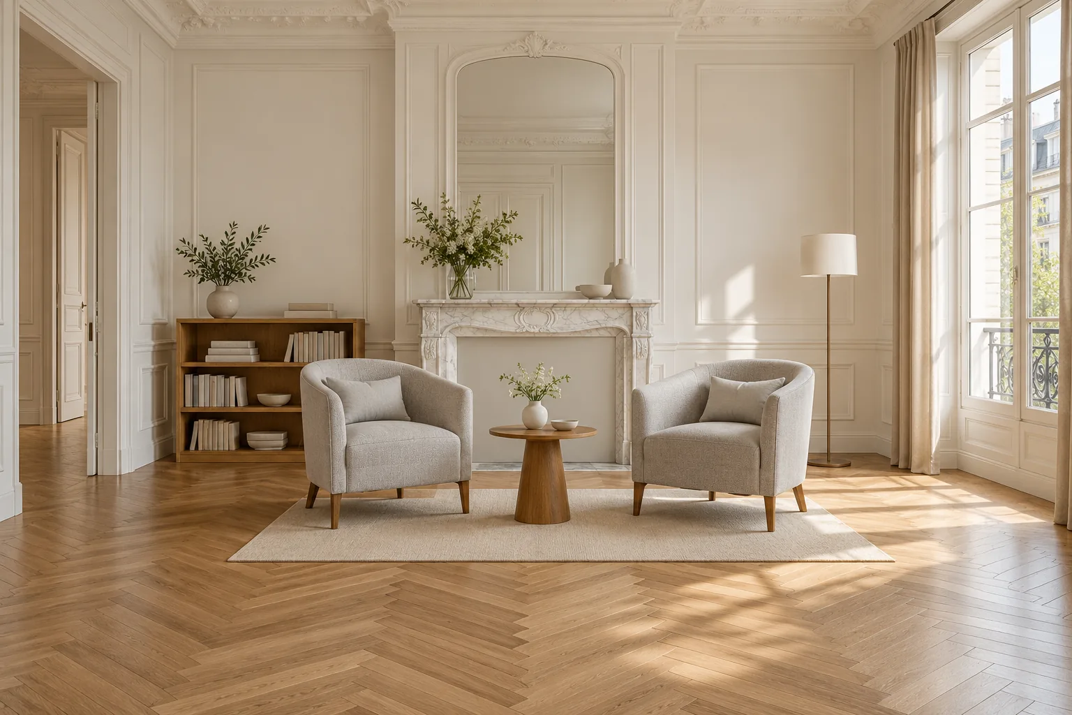 Salle d'attente avec deux fauteuils clairs devant une cheminée en marbre