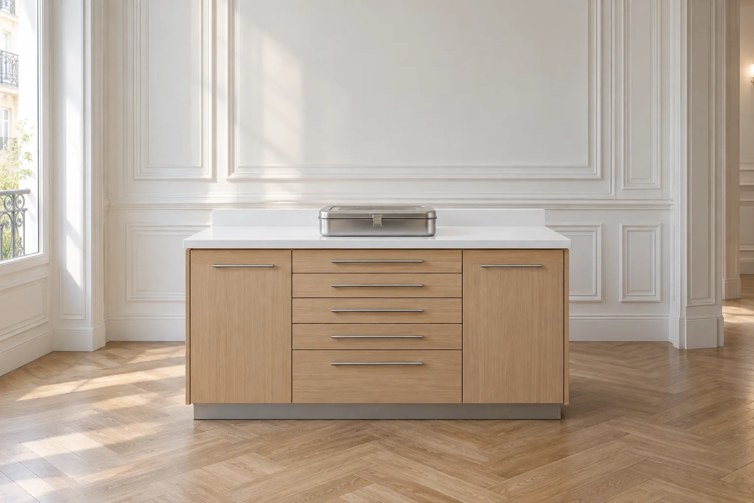 Meuble d'instruments en bois clair surmonté d'une boîte stérile, murs à moulures