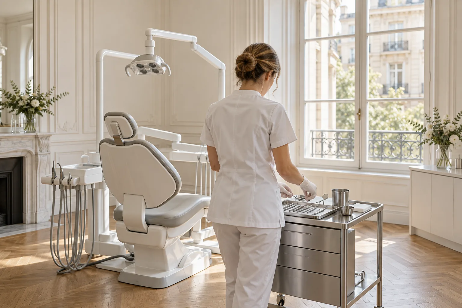 Chirurgienne-dentiste de dos préparant son plateau d'instruments près du fauteuil