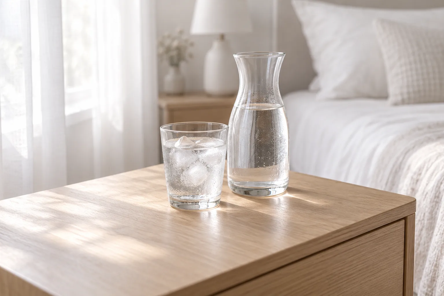 Verre d'eau fraîche et carafe sur une table de chevet