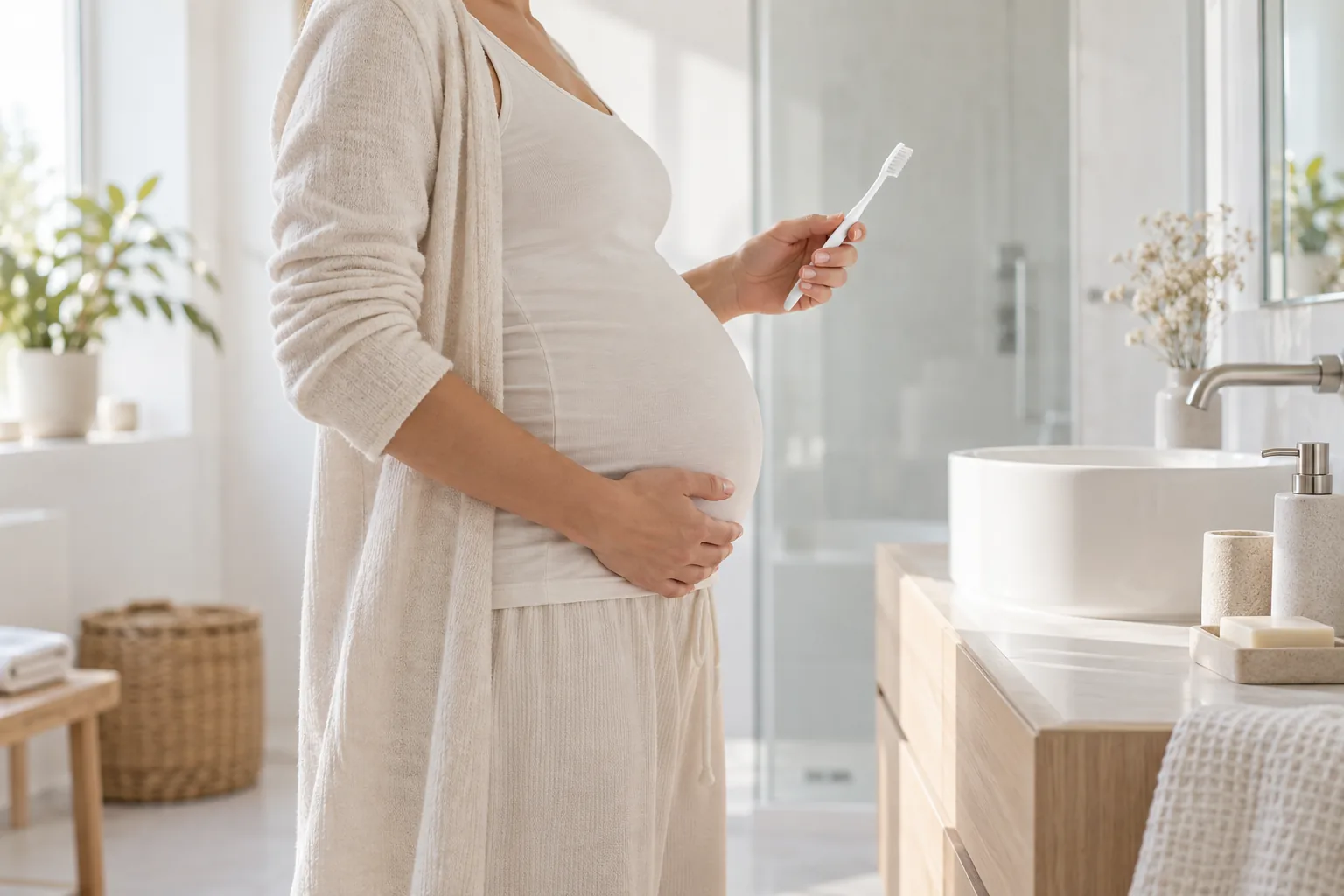 Femme enceinte tenant une brosse à dents dans une salle de bain