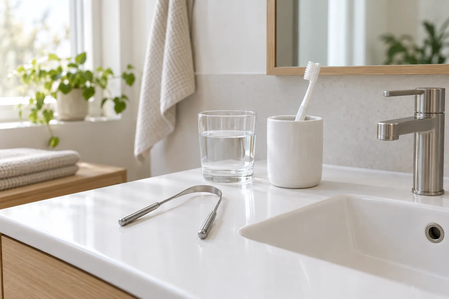 Gratte-langue, verre d'eau et brosse à dents sur un lavabo