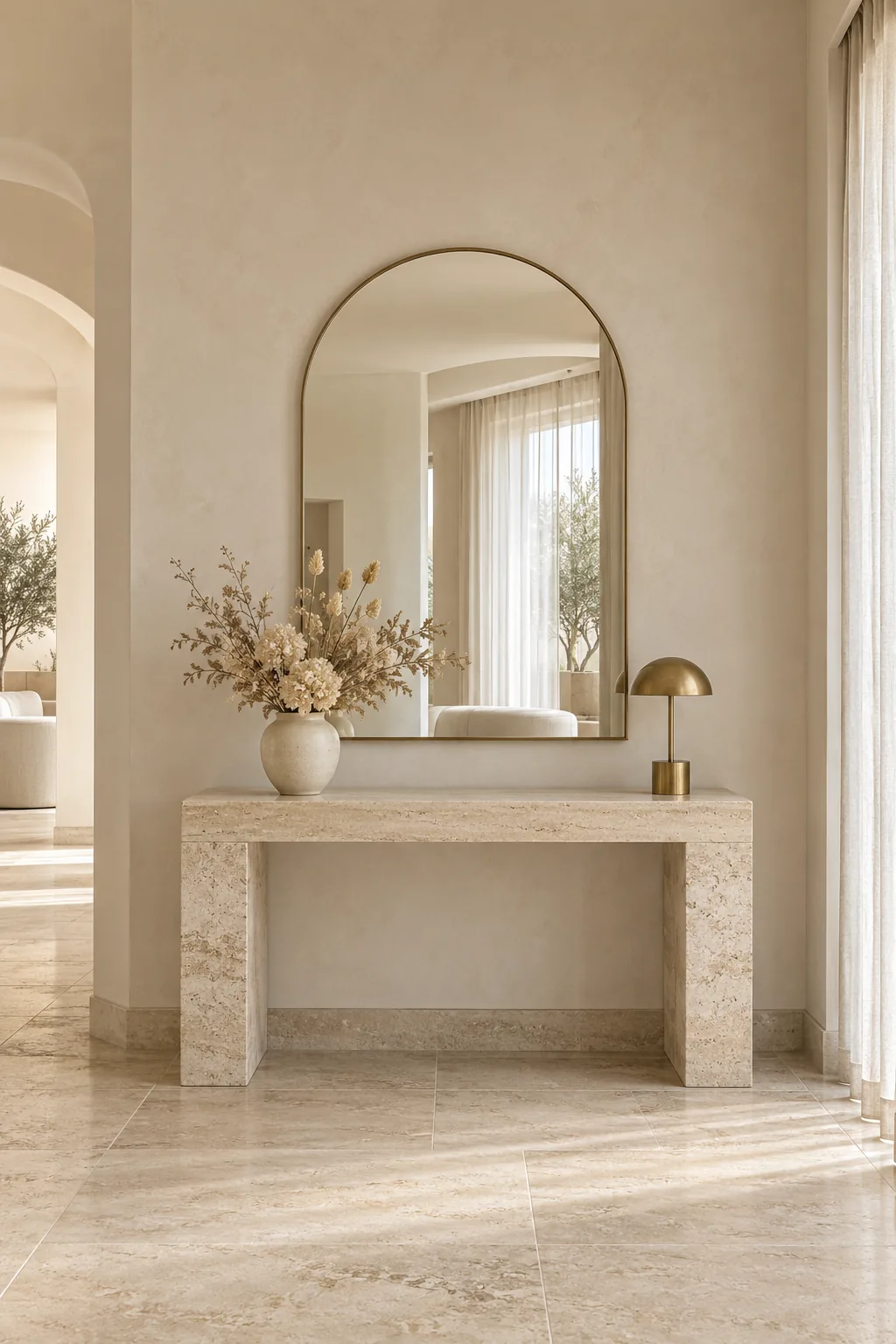 Console en travertin, bouquet de fleurs séchées et miroir en arche à l'accueil