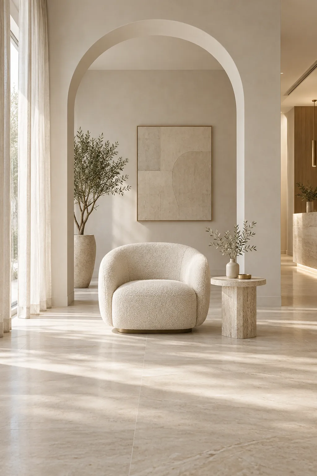 Fauteuil en bouclette écrue et table d'appoint en travertin sous une arche