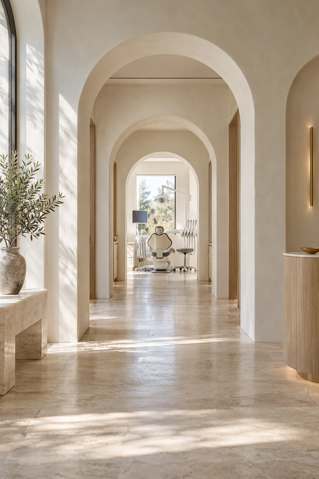 Enfilade d'arches ivoire menant à une salle de soins, sol en travertin