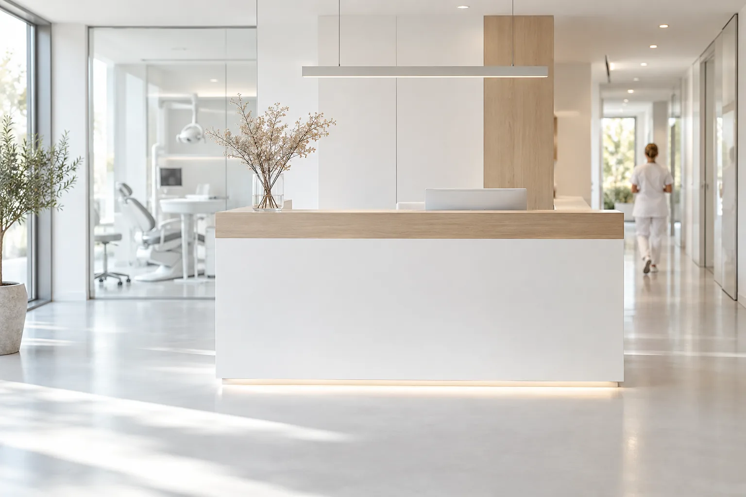 Comptoir d'accueil blanc et chêne clair dans un couloir lumineux