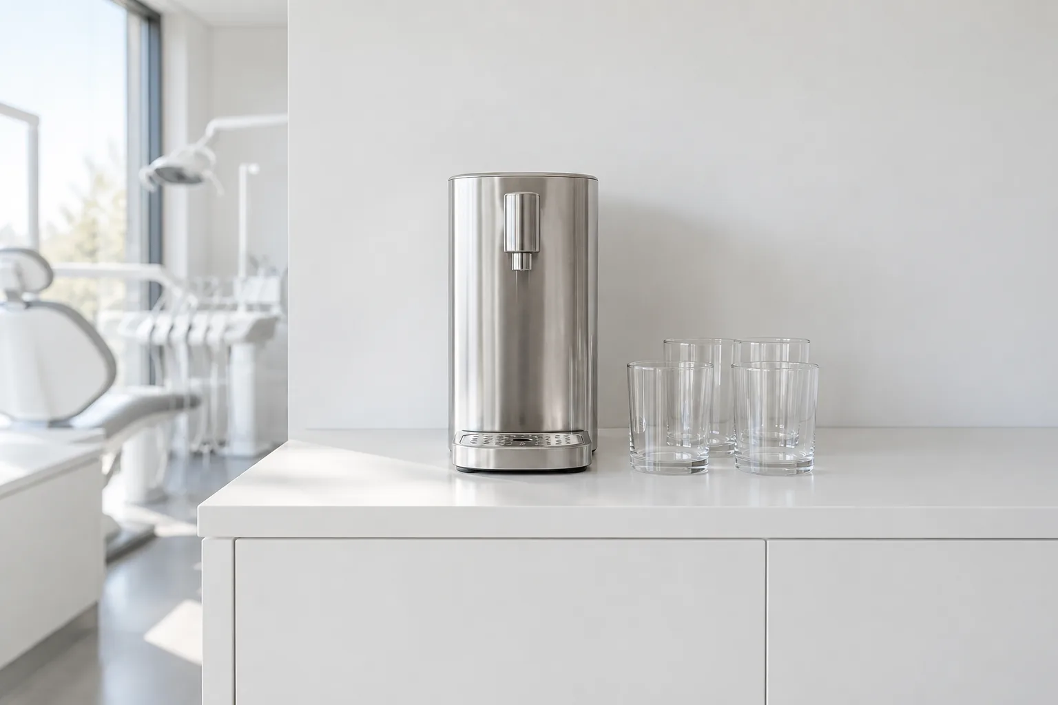 Fontaine à eau en inox et verres transparents sur un meuble blanc
