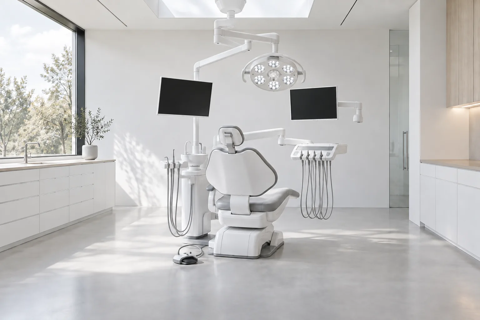 Salle de soins équipée d'une lampe opératoire et de deux écrans sur bras articulés