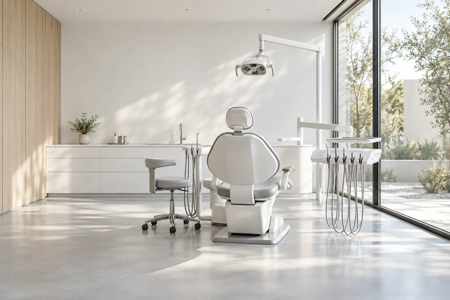 Salle de soins dentaires blanche et lumineuse ouverte sur une grande baie vitrée