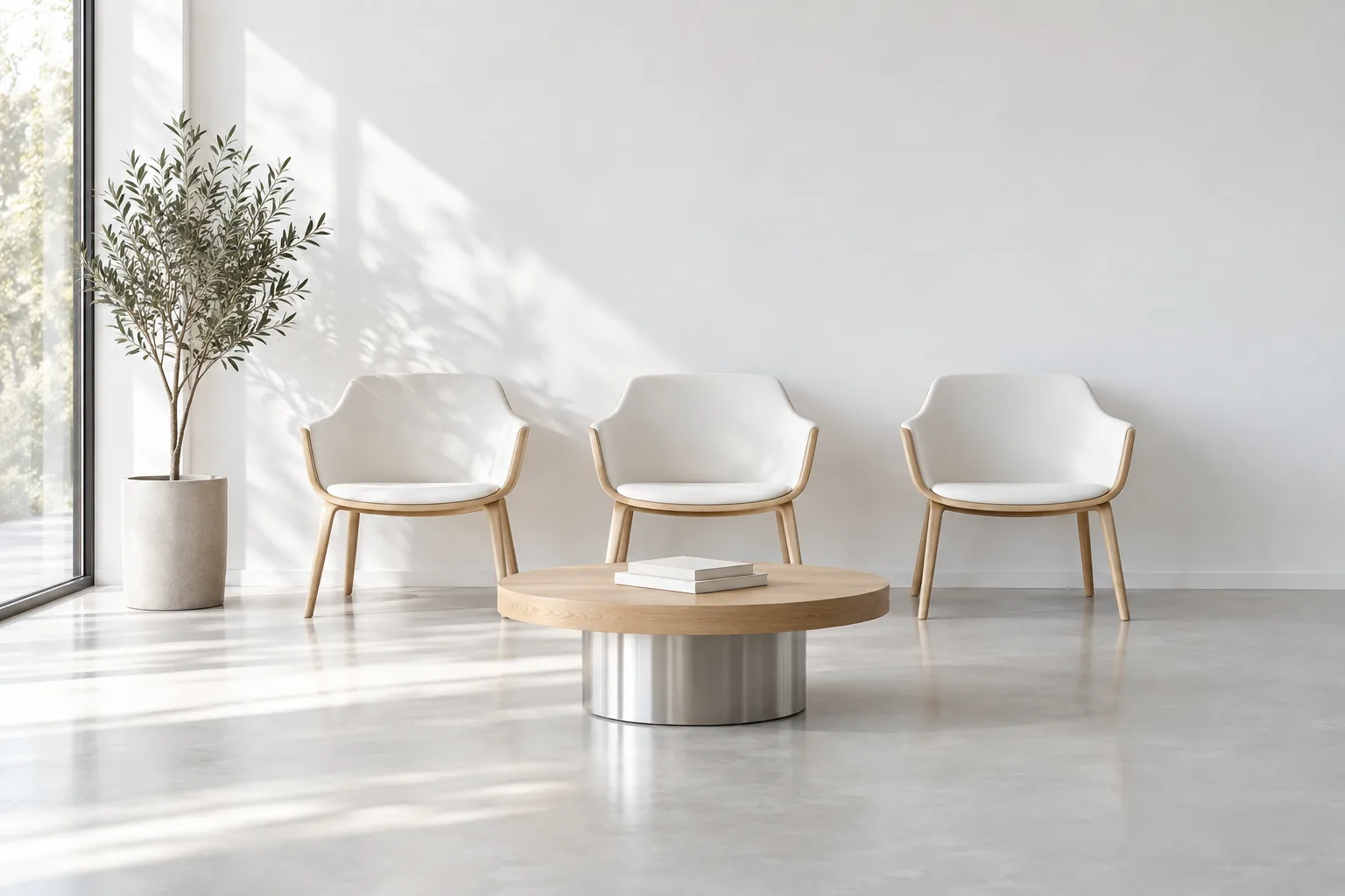 Salle d'attente minimaliste : chaises blanches, table ronde et olivier