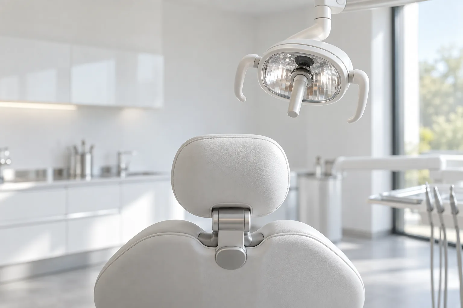 Têtière du fauteuil dentaire et lampe de soins, dans une salle blanche