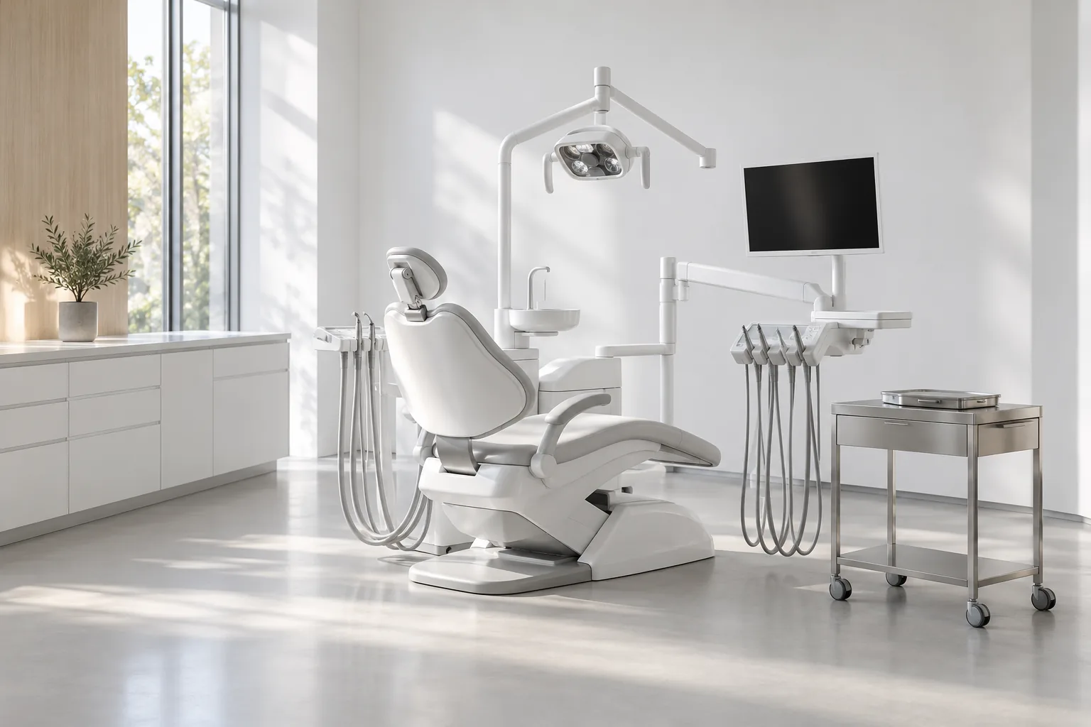 Poste de soins avec fauteuil blanc, écran articulé et desserte en inox