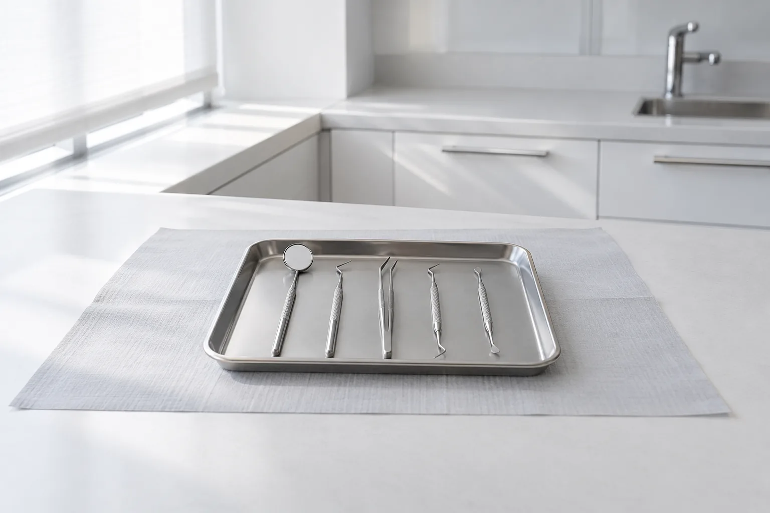 Plateau d'instruments stériles sur un champ gris clair