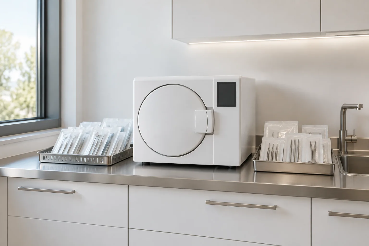 Autoclave et sachets d'instruments stérilisés en salle de stérilisation