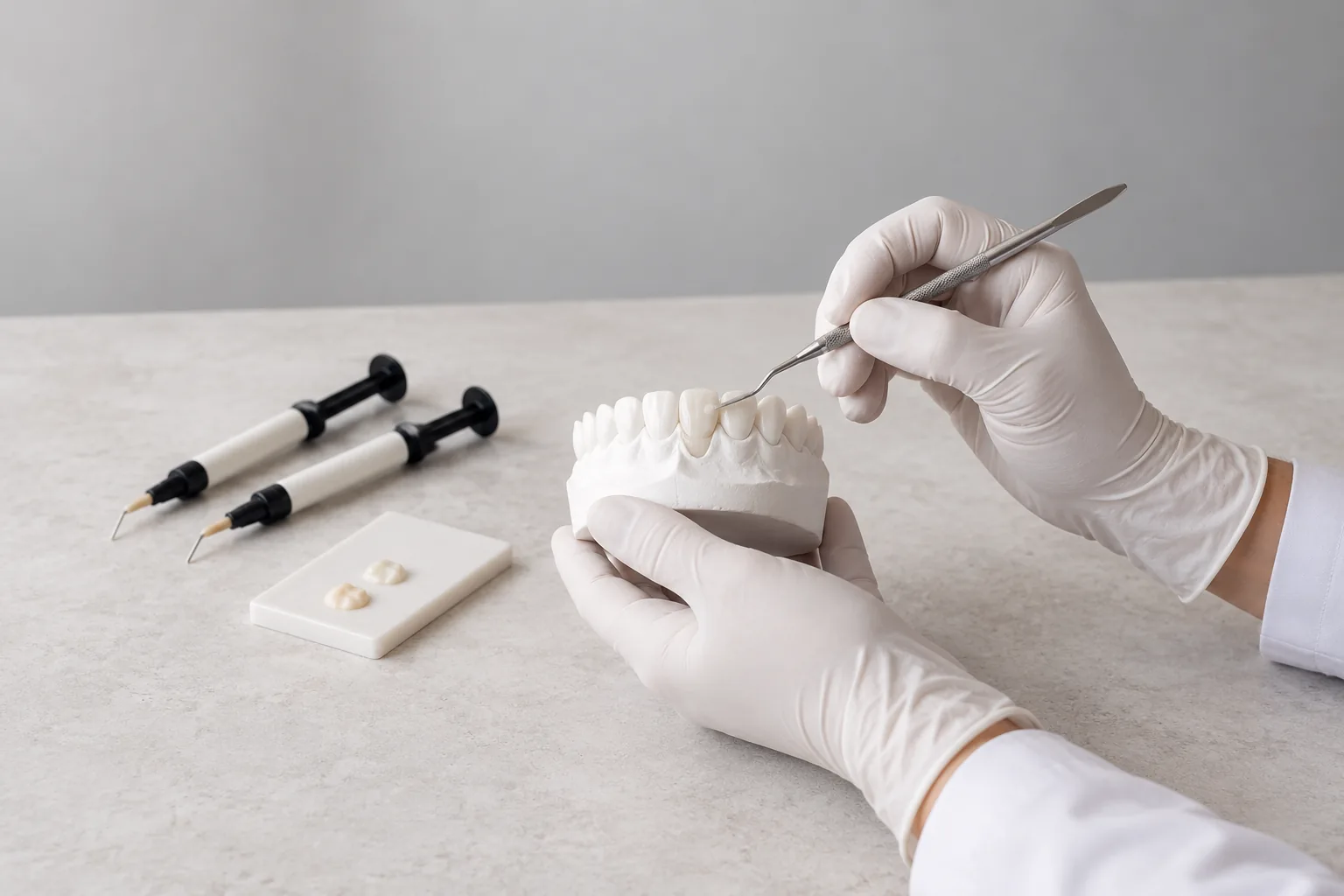 Mains gantées modelant une résine composite sur un modèle dentaire