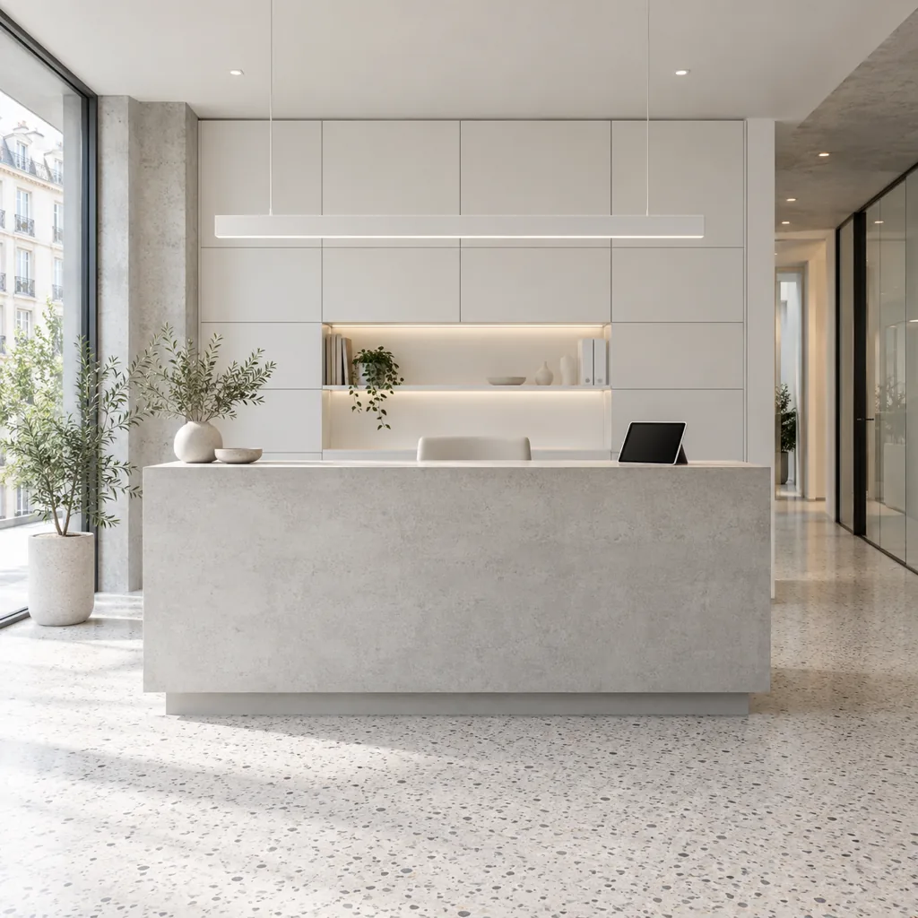 Comptoir d'accueil en béton clair devant des rangements blancs