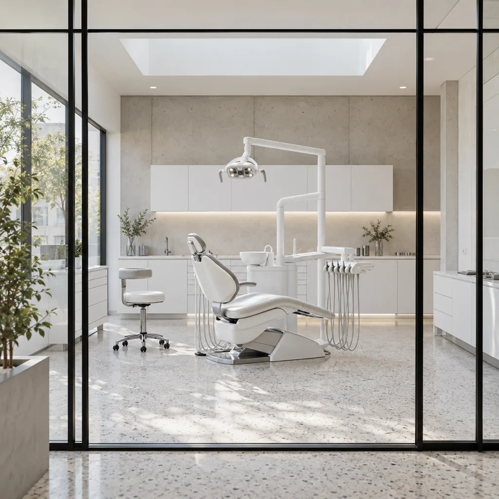 Salle de soins derrière une verrière d'atelier, sol en terrazzo clair