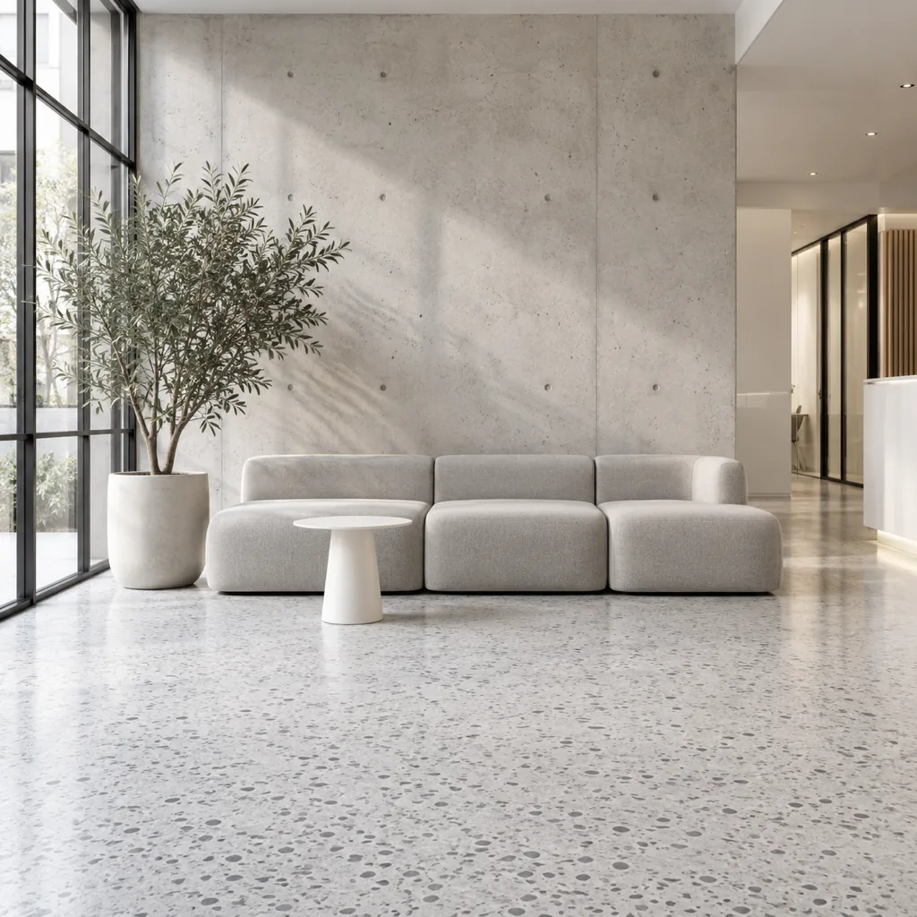 Salle d'attente avec banquette modulaire gris clair et olivier