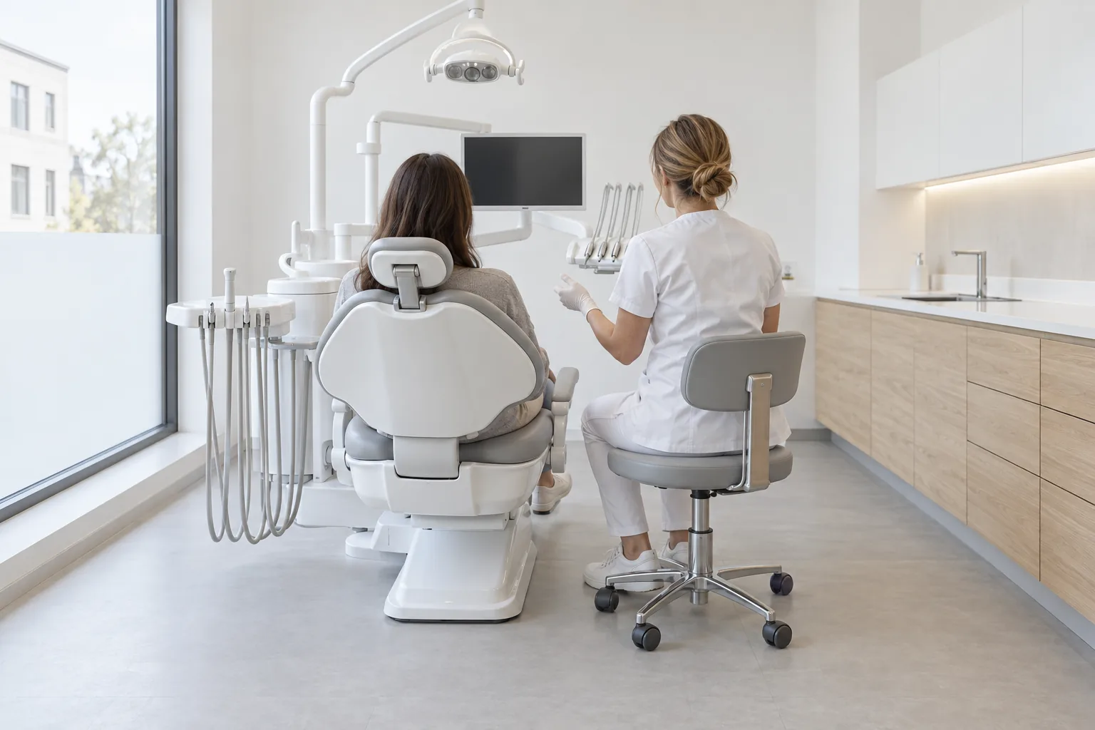 Patiente au fauteuil discutant avec la praticienne avant le soin