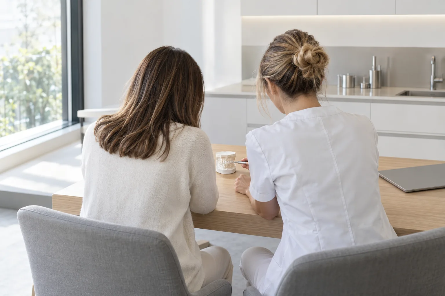 Patiente et praticienne au bureau, autour d'un modèle de mâchoire