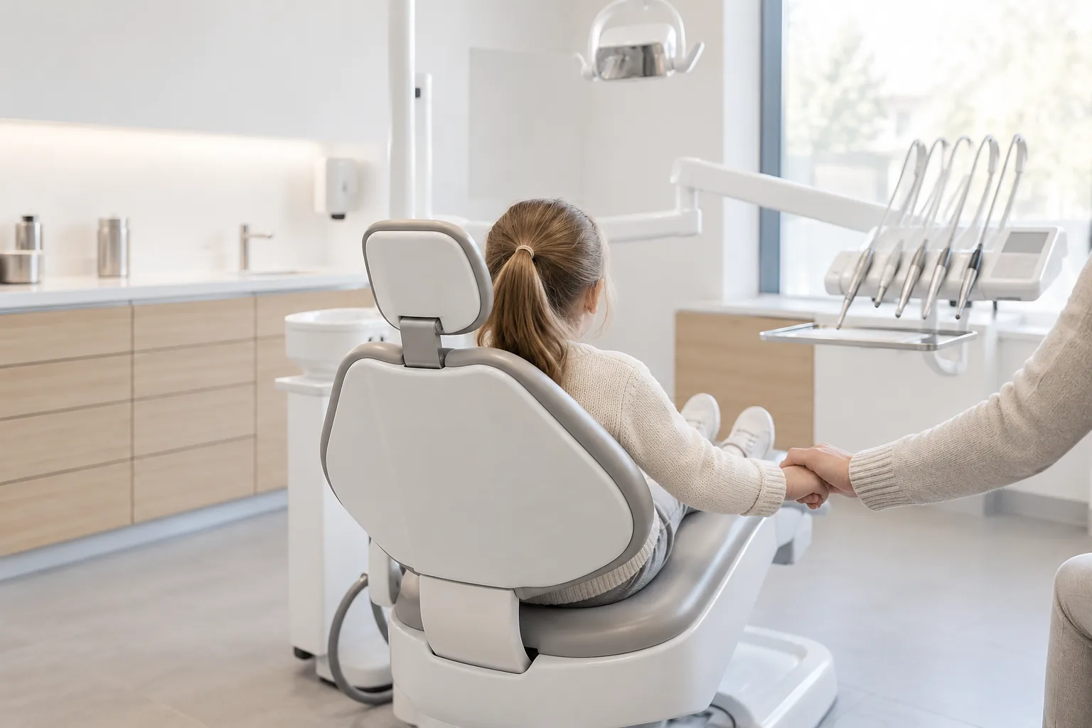 Enfant sur le fauteuil dentaire, tenant la main d'un parent