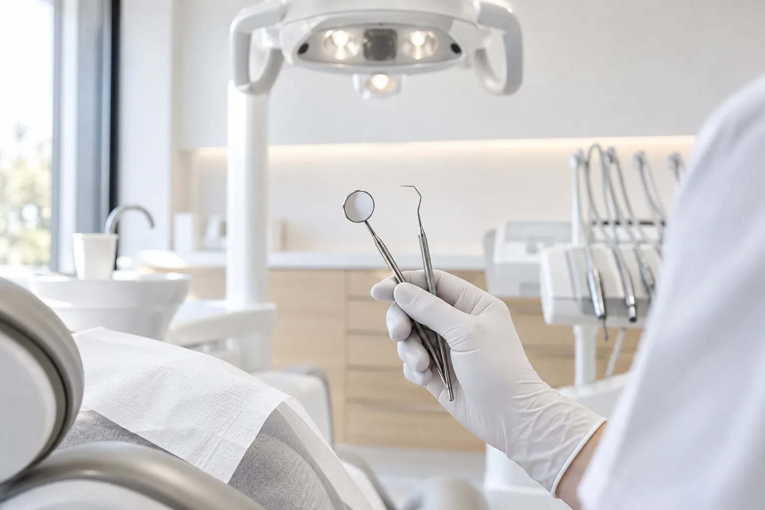 Main gantée tenant un miroir et une sonde au-dessus du fauteuil