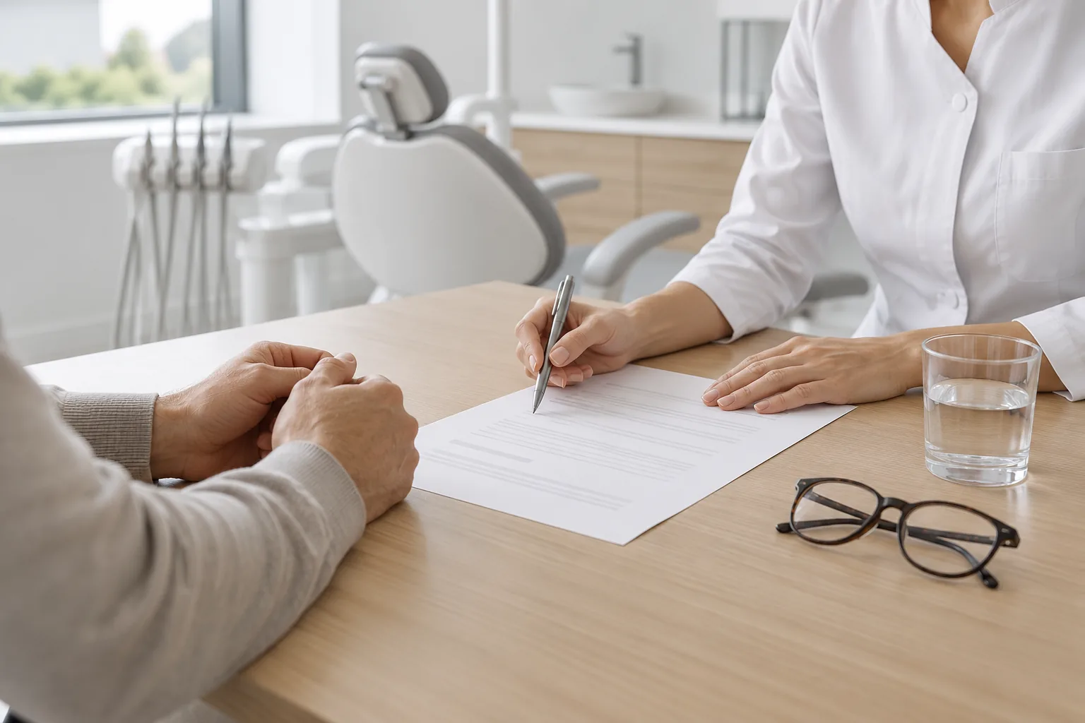 Praticienne présentant un document au patient, sur un bureau
