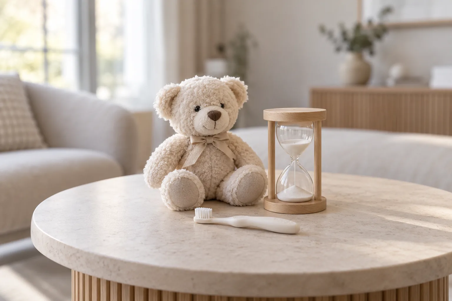 Peluche, sablier et petite brosse à dents d'enfant sur une table basse