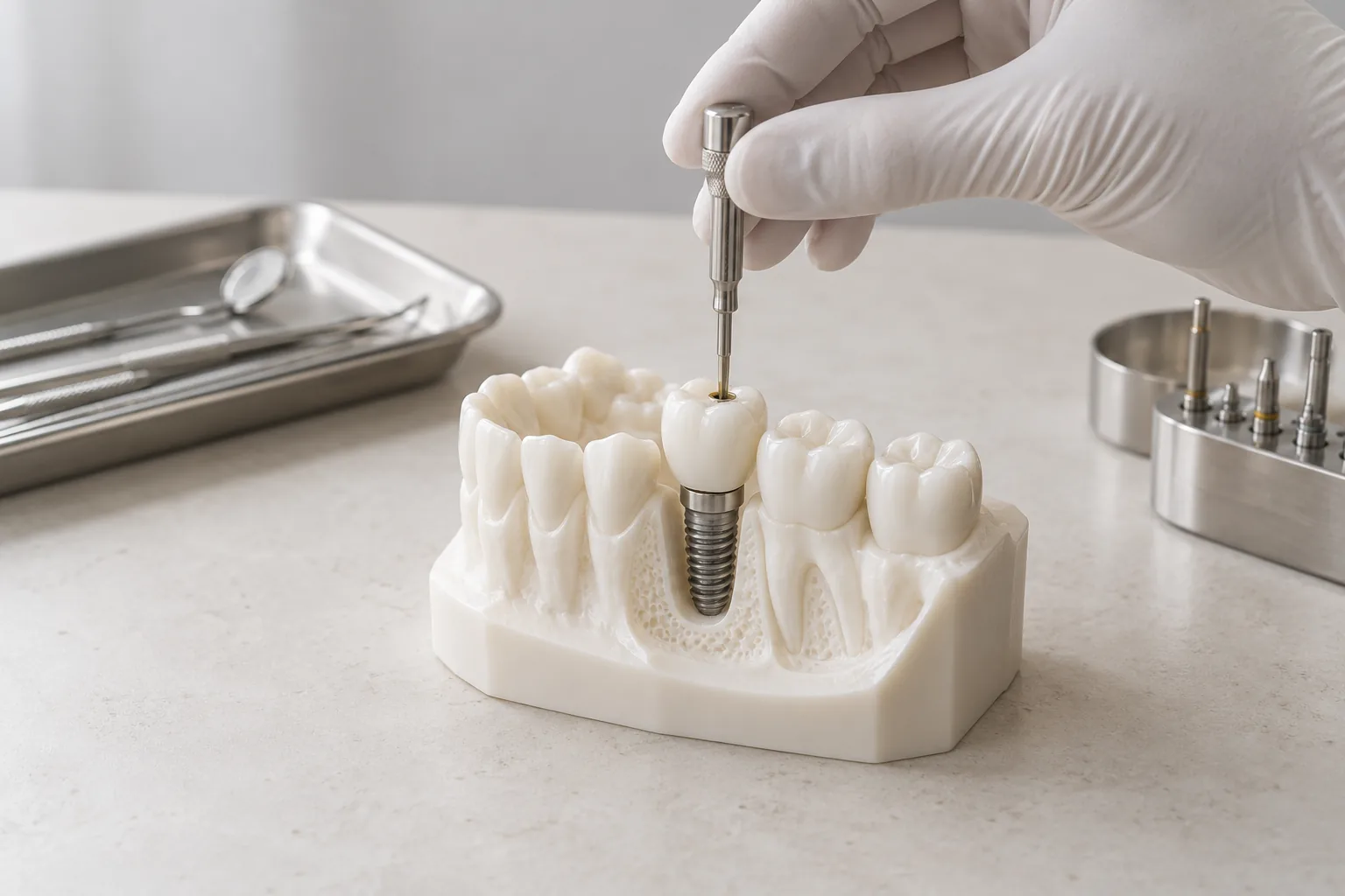 Couronne vissée sur un implant dans un modèle dentaire