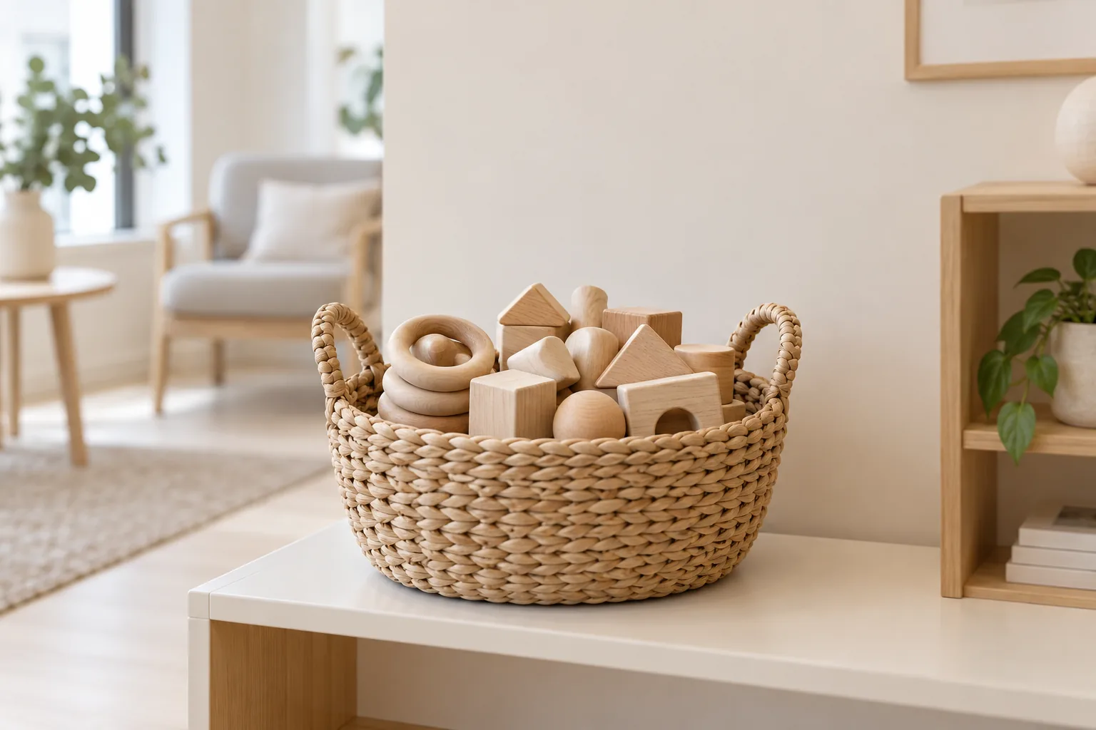 Panier en osier rempli de jouets en bois naturel
