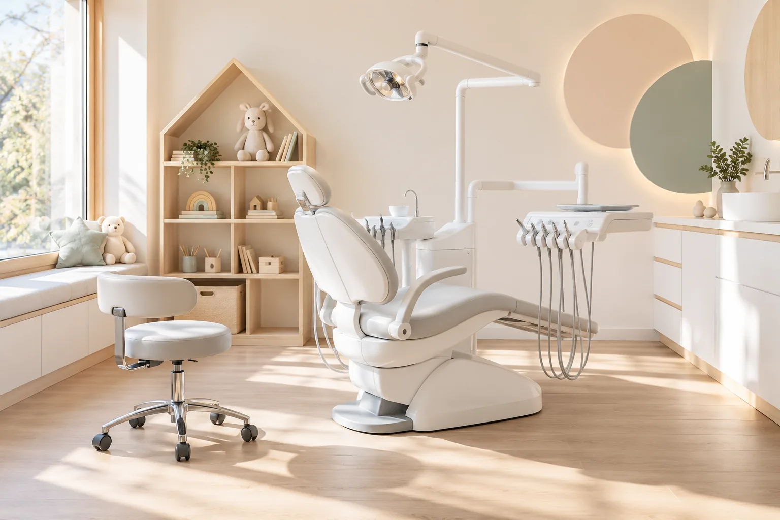 Coin soins pour enfants avec une étagère en bois en forme de maison