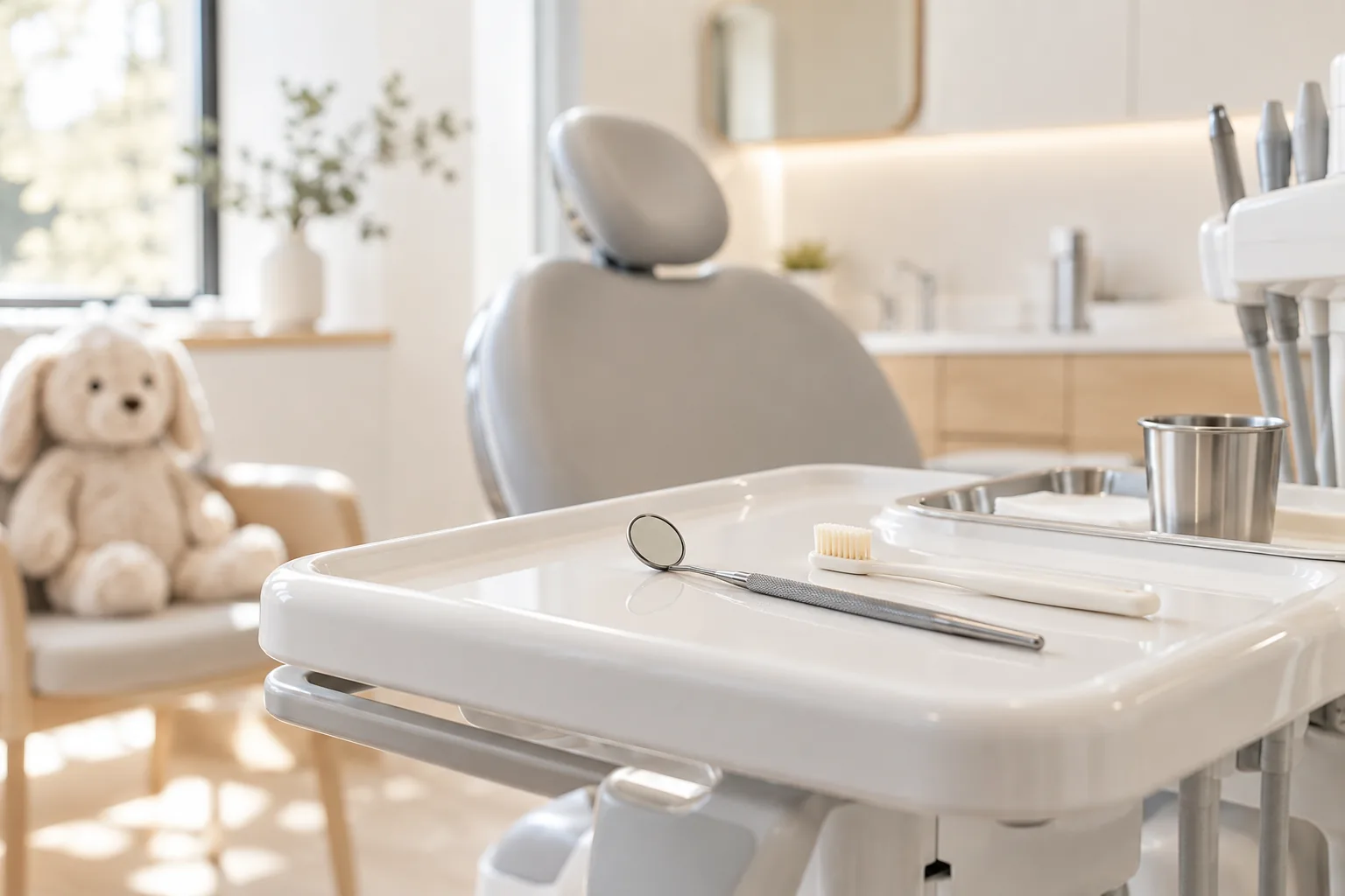 Plateau avec un petit miroir et une brosse à dents d'enfant, peluche en arrière-plan
